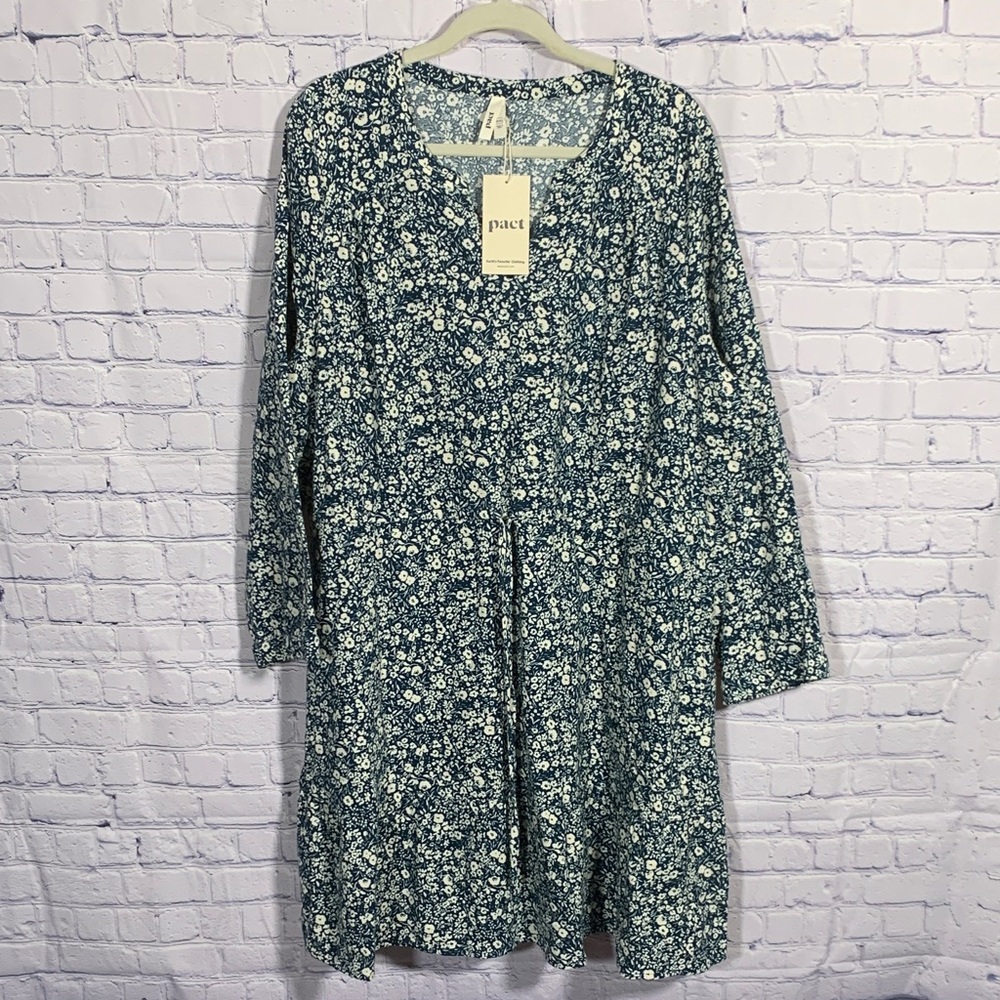 Pact Womens Organic Cotton Cafe Crepe Tiered Dress Floral Blue White Sz XXL NWT